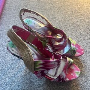 Anne Michelle Pink and Green Floral Wedges